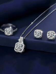 1 pieza Juego de joyas de lujo con circonita cúbica, elegante combinación de collar, aretes y anillo para mujeres, regalo perfecto, regalo de cumpleaños - Plateado - Ver 4