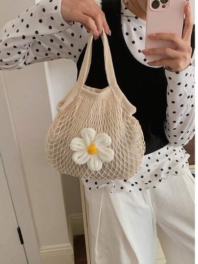 Túi du lịch nữ kiểu dáng giản dị, họa tiết hoa rỗng, túi tote lưới kiểu Hàn Quốc đa năng, túi đi biển viền màu tương phản, túi móc len mùa hè sành điệu.