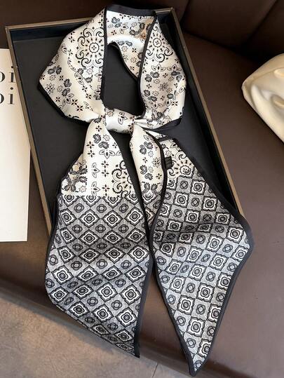 1条女士优雅复古印花薄款双层长丝带，波西米亚复古休闲女士颈巾，优雅时尚女士头饰，系带，发巾，适合春夏日常佩戴和外出