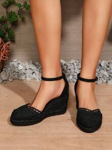 Breathable Slip-On Wedge Sandals With Buckle Closure, Fashionable Casual Rope Platform Shoes For Women - All Black - View 1