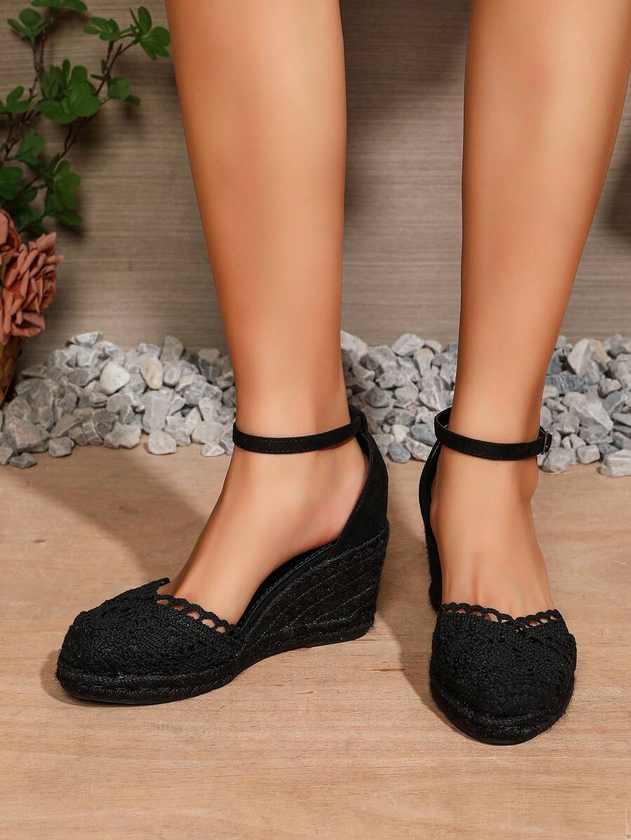 Breathable Slip-On Wedge Sandals With Buckle Closure, Fashionable Casual Rope Platform Shoes For Women - All Black - View 1