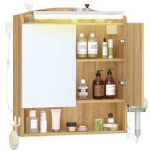 HaluPeit Specchio Bagno Contenitore, Mobiletto a specchio con illuminazione a LED, porta asciugacapelli e ganci, mobile specchio bagno, con Ripiano Regolabile, 16,5 x 60 x 68,5 cm, Colore Rovere - Colore del legno - Visualizzare 7