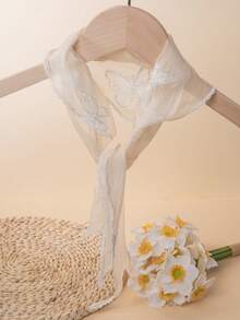 1条女士法式复古蝴蝶刺绣三角头巾发带，蕾丝边真丝围巾，适合夏季海滩和日常穿搭，可用于系包包或发带 - 淺藍色 - 查看 4