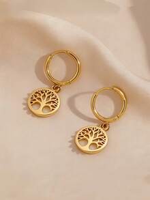 Anting-anting hoop geometris pohon kehidupan dari baja tahan karat yang modis, ringan, mewah, menarik, indah, imut, minimalis, dan unik, cocok untuk pakaian pria dan wanita di musim semi, musim panas, musim gugur, dan musim dingin, untuk bekerja, belajar, kencan, bepergian, konser, pesta, dan berbagai hari libur. - Pohon Kehidupan Emas - View 7