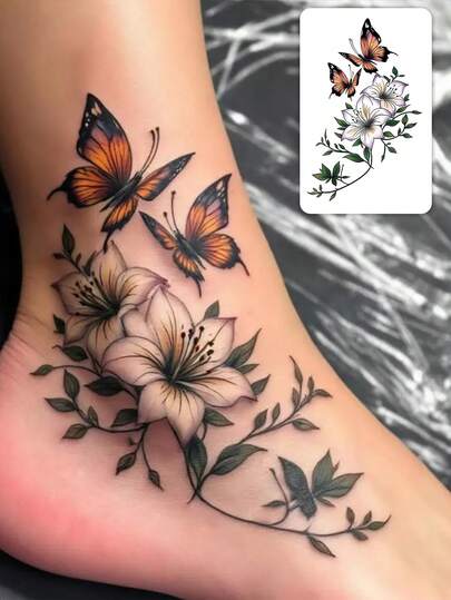 1pc Fashionable Waterproof Colorful Lily & Butterfly Temporary Tattoo, Realistic Floral Butterfly Design Fake Tattoo Sticker, Suitable For People
