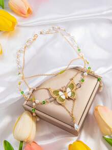 1pc Butterfly Crystal Tassel Pearl Necklace, Sweet & Cute Design, Fashionable Choker Necklace For Women,Summer,Jewellery - Multicolor - View 2
