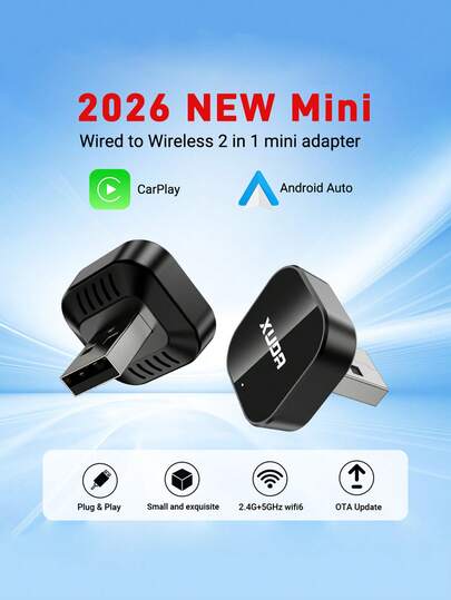  XUDA 2026 新款二合一无线 CarPlay/Android Auto 适配器 - 2.4-5.0 GHz WiFi 5 CarPlay 转换器，有线转无线，快速自动连接，零延迟，小巧设计，兼容 和 Android 设备，带 USB/USB-C 接口，不含电池