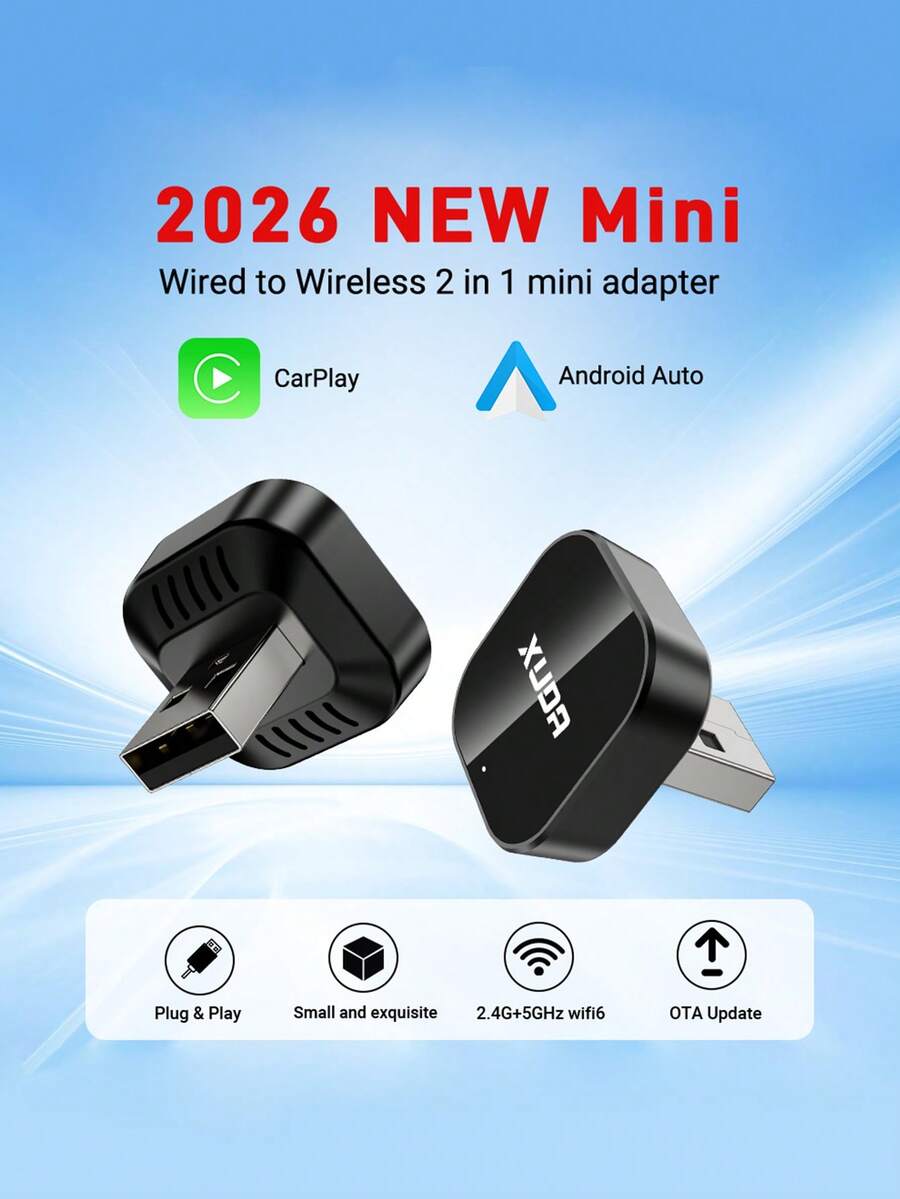XUDA 2026 新款二合一无线 CarPlay/Android Auto 适配器 - 2.4-5.0 GHz WiFi 5 CarPlay 转换器，有线转无线，快速自动连接，零延迟，小巧设计，兼容 和 Android 设备，带 USB/USB-C 接口，不含电池 - A - 查看 1