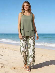 Women's Set With Square Neck Tank Top And Wide-Leg High-Waisted Pants, Summer Style, Double Hem Design - màu xanh lá - Xem 5