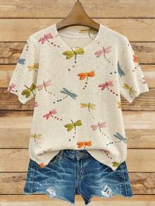 Comfortable Women Short Sleeve Knit Top, Colorful Dragonfly Pattern, Regular Fit, Vacation Wear, Summer Top - Apricot - View 4