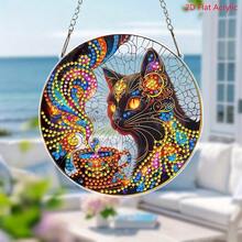 2D Acrylic Diamond Painting Kit, Colorful Black Cat Pattern Diamond Art Pendant, Animal Theme, Asymmetrical Shape Crystal, Suitable For Beginners And Adults DIY Crafts, Multifunctional Hanging Decor For Windows, Garden, Walls, Home Office Desk Desk Office Supplies Office Accessories - B - View 2