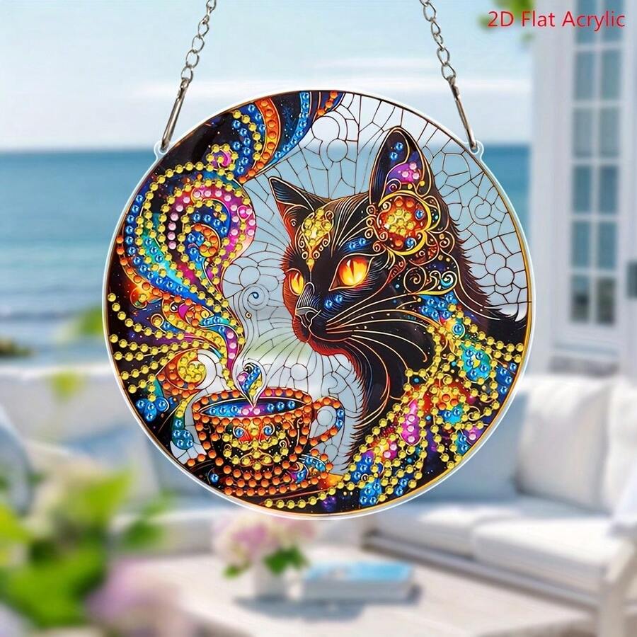 2D Acrylic Diamond Painting Kit, Colorful Black Cat Pattern Diamond Art Pendant, Animal Theme, Asymmetrical Shape Crystal, Suitable For Beginners And Adults DIY Crafts, Multifunctional Hanging Decor For Windows, Garden, Walls, Home Office Desk Desk Office Supplies Office Accessories