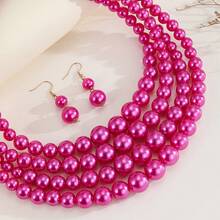 1 Set Handmade Multi-Layer Exaggerated Faux Pearl Beaded Necklace, Bohemian Style Beach Resort Party Middle Eastern Evening Banquet South Asian Fashion Elegant Women Jewelry Necklace & Earrings - Hot Pink - View 7