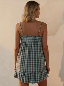 Women's 2 Piece Lounge Outfits Sleeveless Plaid Cami Tank Tops Wide Leg Shorts Sets - Blue-brown - View 5