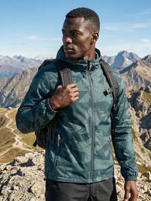 1pc Moisture-Wicking Hooded Outdoor Casual Jacket, Lightweight Geometric Print, Suitable For Daily Outdoor Activities, Running, Hiking, Cycling In Summer, Washable Men's Jacket - Dark Green - View 2