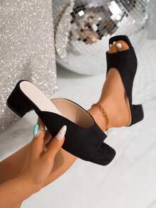 黑色简约高跟单带凉拖鞋，优雅法式夏季女士拖鞋 - 黑色 - 查看 1