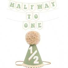 1/2套 半歲生日裝飾 Half Way To One 裝飾套組，含1/2生日帽與DIY半歲橫幅，適用六個月半歲裝飾，波西米亞清新風 Halfway To One 半歲里程碑派對套組，包含毛球錐形帽與字母橫幅 - 多色 - 查看 1