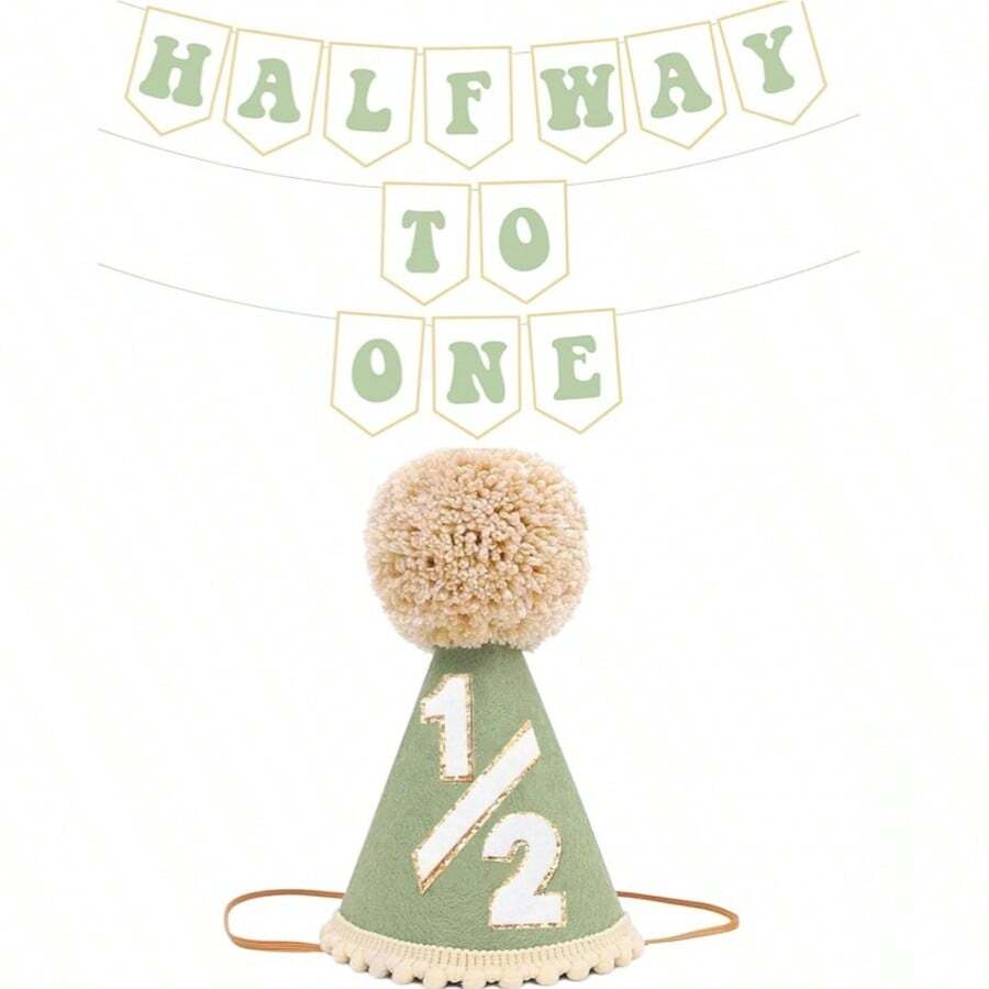 1/2套 半歲生日裝飾 Half Way To One 裝飾套組,含1/2生日帽與DIY半歲橫幅,適用六個月半歲裝飾,波西米亞清新風 Halfway To One 半歲里程碑派對套組,包含毛球錐形帽與字母橫幅 - 多色 - 查看 1