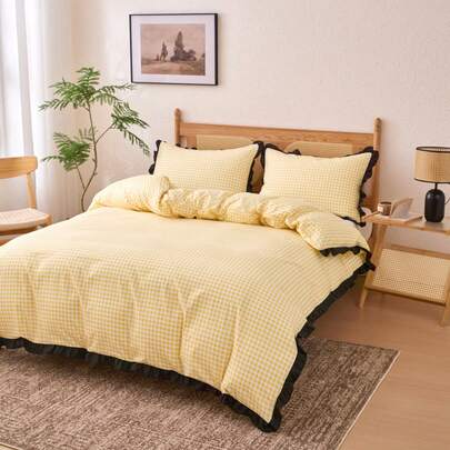 3pcs Bedding Set, Black Ruffle Edge & Pudding Style, Breathable Comfortable Fabric, Suitable For Bedroom/Guest Room/Dormitory/All Seasons, Multiple Sizes Available - Yellow Plaid Duvet Cover Set - 100% Polyester, Zipper Closure, (2 Pillowcases, 1 Duvet Cover/No Filling), Holiday Gift, Souvenir, Gift