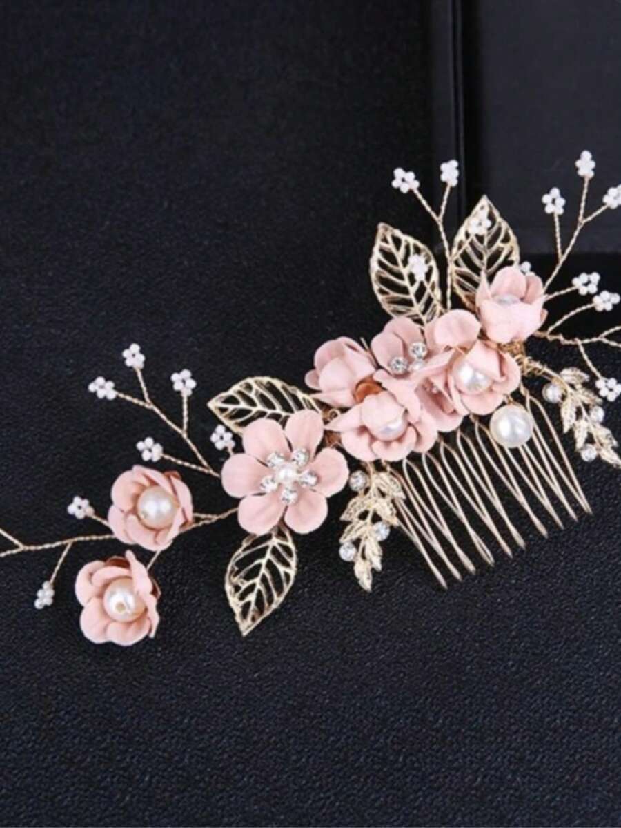 1 pièce Accessoire de peigne à cheveux fait main avec fleur rose clair et perle pour femmes - Rose bonbon - Voir 1