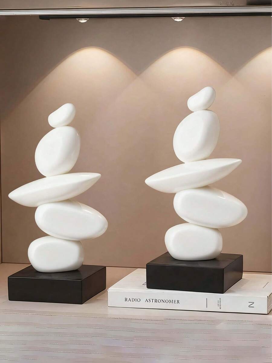 叠石雕塑 - 抽象平衡岩石艺术树脂雕塑，时尚优雅设计，桌面装饰，家居办公礼品，生日毕业礼物（白色） - 彩色 - 查看 1