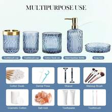 5-Piece Blue Diamond-Cut Glass Bathroom Accessories Set, Includes Soap Dispenser, Soap Dish, Toothbrush Holder, Tumbler & Cotton Swab Jars, Modern Crystal Decor For Bathroom - Housewarming Gift - Màu xanh lam - Xem 8