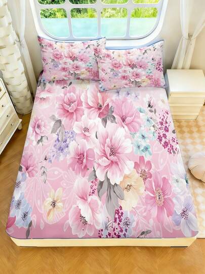 2/3件套儿童床单套装，粉色花朵图案床上用品套装，涤纶材质，数码印花，全包边松紧绳设计，适合男孩、女孩、青少年，节日礼物，卧室、宿舍适用，四季皆宜。