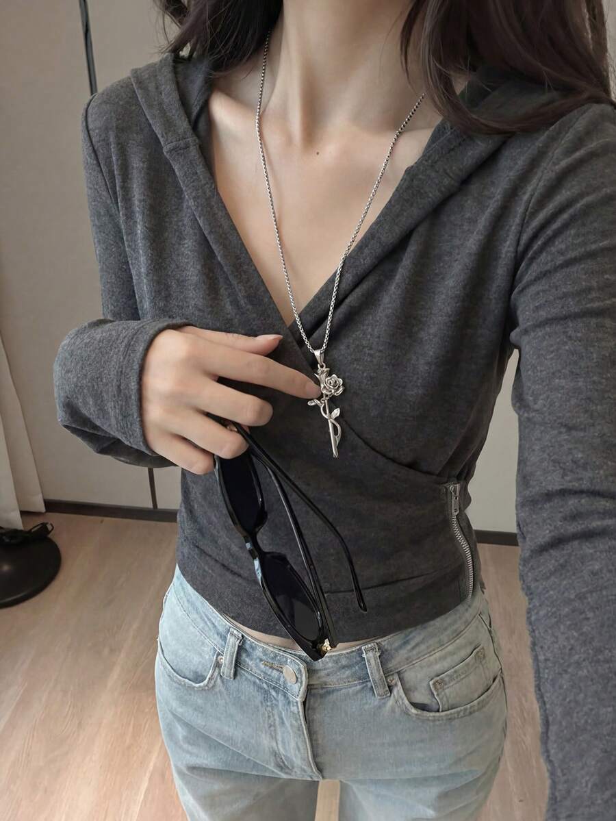Cross V-Neck Long Sleeve Hoodie T-Shirt, Fitted & Slimming, Zipper Front - Grey - View 1