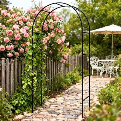 1 pieza Arco de jardín de metal mejorado | Enrejado para rosas y uvas + Cenador al aire libre + Telón de fondo para bodas 3 en 1 | Estructura reforzada con gran capacidad de carga | Crea rápidamente un punto focal visual para balcón, césped, jardín, fiesta | Regalo creativo recomendado para fiestas y aniversarios