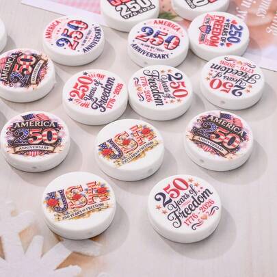 5pcs Independence Day 250th Anniversary Silicone Beads, 28mm Colorful USA250 Element Printed Round Beads With Hole, Suitable For DIY Jewelry Making, Anniversary Gifts And Decoration