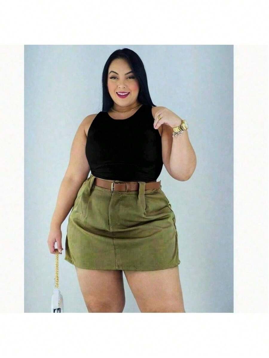 Short Skirt Plus Size Tailored With Belt Various Colors Summer - Verde Oscuro - Ver 1