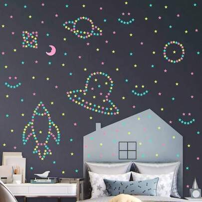 100pcs Glow-In-The-Dark Star And 1pc Glow-In-The-Dark Moon Wall Stickers, Resin Self-Adhesive Space Theme Decals, DIY Decorative Art Style, Reusable, Suitable For Various Surfaces, With Shiny Effect And Glossy Finish, Applicable For Living Room, Bedroom And Ceiling Decoration