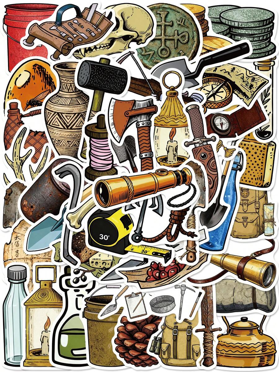 50Pcs Archaeology Tool Stickers Vintage Excavation Gear Pattern For Site Log Dig Journal Museum Notebook History Log Relic Record Exploration Notes Antique Collection Scrapbook - Pink - View 1