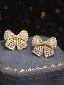 一对金色闪亮水晶和仿珍珠蝴蝶颈链，法式优雅新娘项链，伴娘首饰，适合教堂婚礼、婚宴、婚纱照、周年纪念礼物 - 彩色 - 查看 7