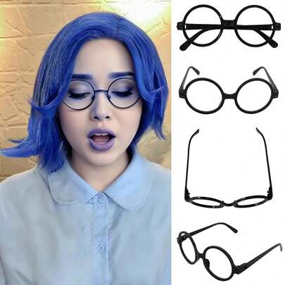 Blue Short Bobcut Wig + Black Glasses + Wig Cap, Blue Anime Emotional Cosplay Costume Wig With Bangs Side Part Synthetic Hair For Women, Halloween Party