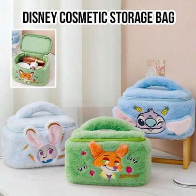 Disney Cartoon Makeup Bag Plush Cosmetic Storage Bag With Handle, Nick Wilde, Judy Hopps, Carrot, Stitch Embroidered Fabric Zipper Closure, Large Capacity Travel Toiletry Bag, School Office Stationery Organizer, Cute Gift Set For Girls, Students, Birthday, Friendship
