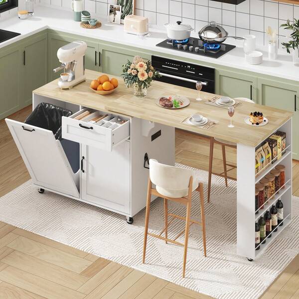 72.4"Rolling Kitchen Island 360° Swivel Table, Built - In Charging, 3 - Tier Spice Rack, Expandable With Trash Cabinet - Farmhouse Style For Kitchen