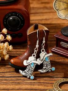 Western Cowboy Style Earrings, Vintage Distressed Turquoise Inlaid Carved Boot & Hat Design Dangle Earrings - Silver - View 6