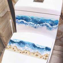 1 pieza Pegatina realista de ola de playa y concha para el inodoro, autoadhesiva impermeable con estilo oceánico para el baño, decoración tropical de verano extraíble para el tanque del inodoro - Unitalla - Ver 2