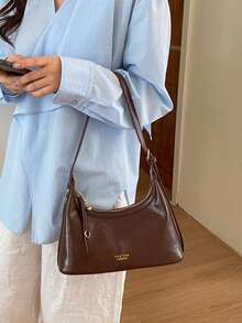 2026 早春新款复古棕色纹理腋下包，女士小众设计多功能单肩包，通勤手提包 - 咖啡 - 查看 1