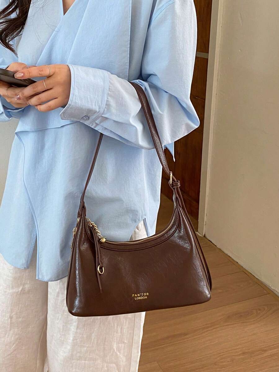 2026 早春新款复古棕色纹理腋下包，女士小众设计多功能单肩包，通勤手提包 - 咖啡 - 查看 1