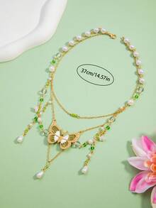 1pc Butterfly Crystal Tassel Pearl Necklace, Sweet & Cute Design, Fashionable Choker Necklace For Women,Summer,Jewellery - Multicolor - View 4