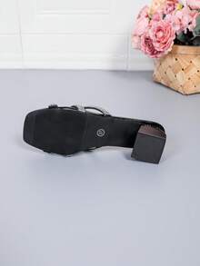 Women's Rhinestone T-Strap Square Toe Chunky Heel Sandals - Black - View 7
