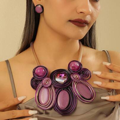 Exaggerated Multi-Layer Resin Pendant, Handmade Aluminum Wire Braided Beaded Necklace & Earrings, Vintage Bohemian Style, Suitable For Formal Events, Parties, Vacations