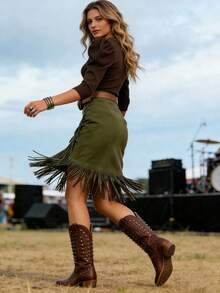 Chân váy ngắn tua rua bằng da lộn màu trơn thời trang kiểu phương Tây dành cho nữ, thanh lịch, thích hợp mặc hàng ngày vào mùa hè. - màu xanh lá - Xem 7