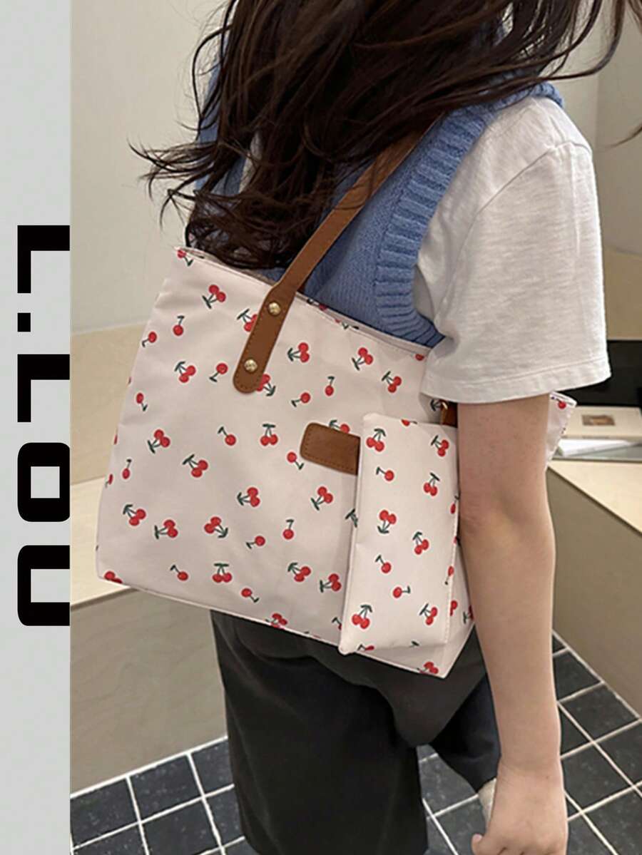 Bộ 2 túi tote họa tiết quả anh đào kèm ví đựng tiền xu, túi đeo vai dung tích lớn dành cho nữ, túi công sở thường ngày.