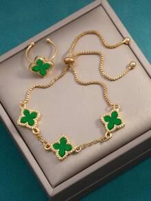 2pcs/Set Lucky Four-Leaf Clover Bracelet & Ring Set, Mother's Day Gift, Gift For Friends - Style 1 - View 6