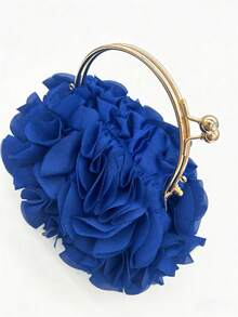 Women's Elegant Royal Blue Floral Pleated Satin Clutch Bag, Party Handbag - Fashionable Chiffon Petal Handbag With Chain Shoulder Strap, Fits ProMax Size Phone And Essentials, Perfect For Bride, Wedding, Date, Prom, Holiday, Formal Occasions, Graduation Party, Spring Gala, Cocktail Party And Special Events (Pattern Random) - 寶藍色 - 查看 6
