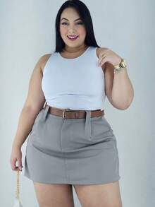 Tailored Plus Size Short Skirt With Belt In Various Colors - Summer - Grey - View 3