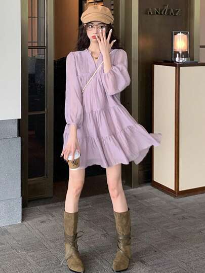 纯色休闲可爱面料荷叶边装饰多层蛋糕日常居家夏季无袖迷你连衣裙女式